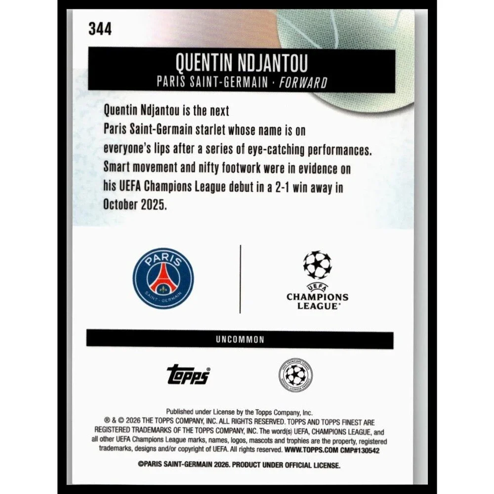 2025-26 Finest UEFA Quentin Ndjantou #344 Paris Saint-Germain Uncommon Rookie